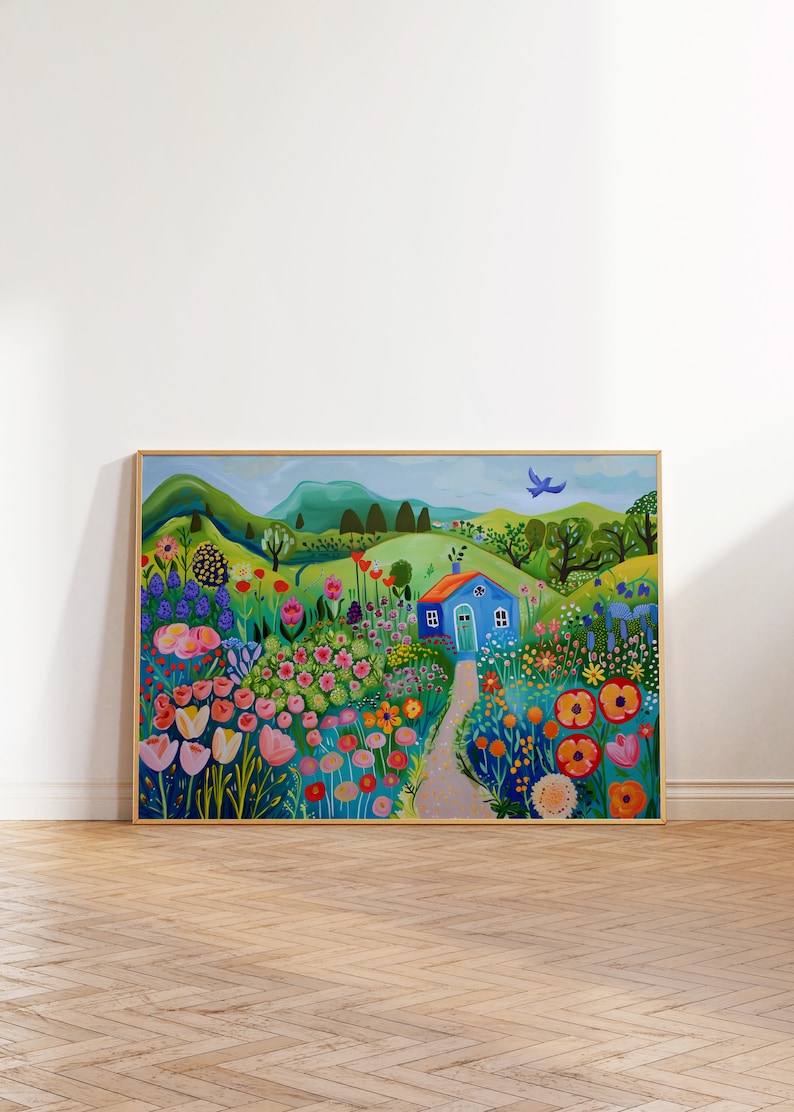 May include: A colorful painting of a blue house in a field of flowers. The house has a red roof and a white door. The flowers are in shades of pink, red, yellow, and blue. There are green hills in the background and a blue bird flying in the sky.