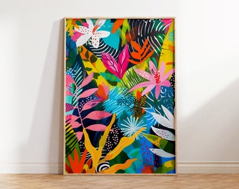 May include: A framed abstract painting with a colorful tropical theme. The painting features a variety of flowers, leaves, and geometric shapes in shades of pink, blue, green, yellow, orange, and black.