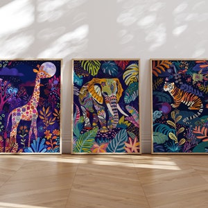 Jungle Animals Vibrant Wall Art Set of 3, Abstract Maximalist Print, Colorful Wall Art, Giraffe Elephant Tiger Eclectic Decor, Kids Room Art