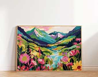 Colorful Floral Mountain Landscape Print, Modern Scenery (Digital Download)