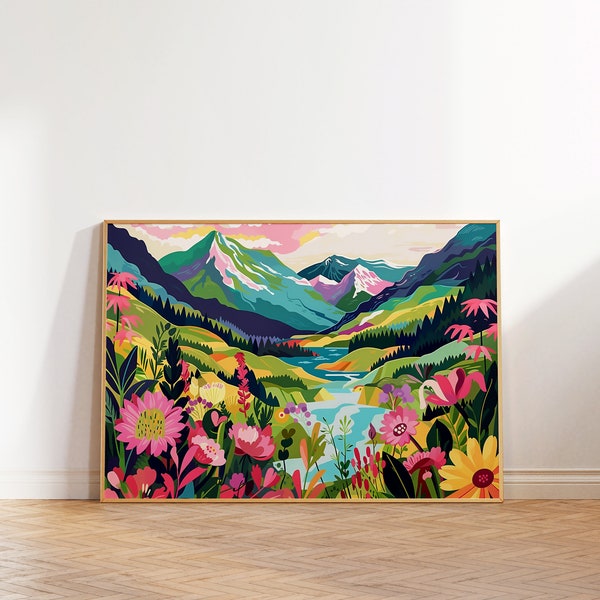 Colorful Landscape Wall Art, Maximalist Floral Print, Abstract Vibrant Mountain Art, Acrylic Illustration Poster, Modern Scenery Digital Art