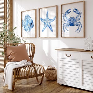 Coastal Wall Art Set of 3, Discus Fish Starfish Crab Minimalist Wall Decor, Blue Sea Life Decor, Contemporary Beach House 3 Piece Prints