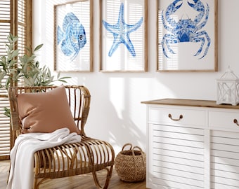 Blue Coastal Wall Art Prints, Sea Life Set of 3 (Digital Download)