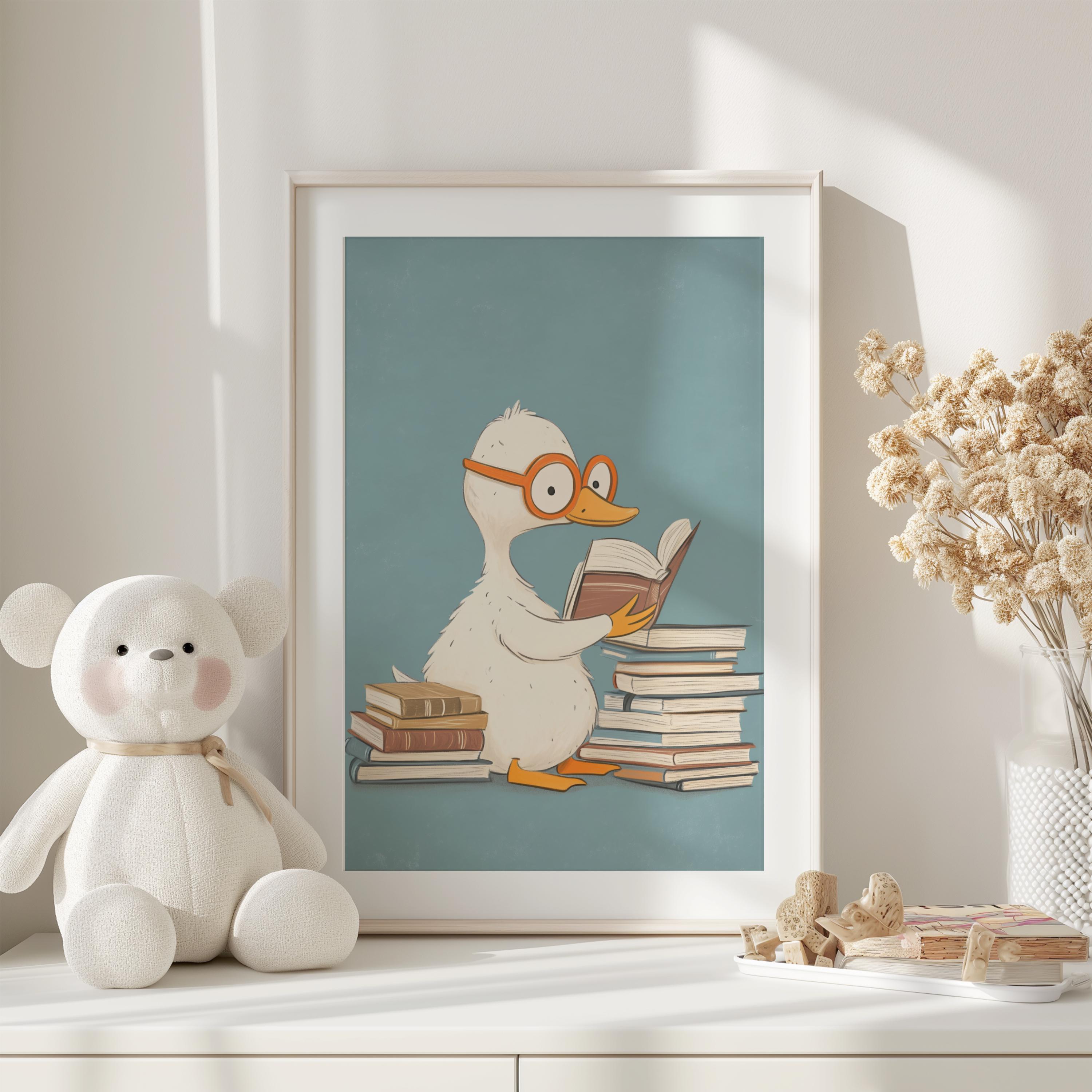 あひるページ 絵本を読むアヒルのイラストプリント、パステルカラーの子供部屋装飾