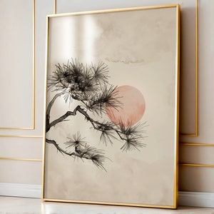 Japandi Wall Art, Japanese Pine Tree Branches Print, Watercolor Minimalist Decor, Zen Feng Shui Art, Oriental Landscape, Meditation Print