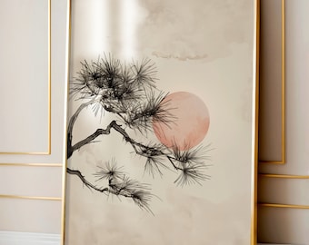 Impressão de pinheiro Japandi: paisagem minimalista em aquarela (download digital)