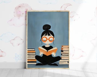 Girls Reading Room Print, Bookworm Pastel Art (Digital Download)