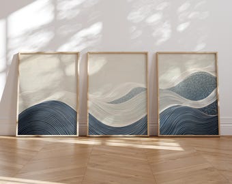 Abstract Minimalist Line Art, Japandi Waves Wall Art Set of 3, Flowing Lines, Wabi Sabi White Blue Grey Wavy Print, Printable Scandi Decor