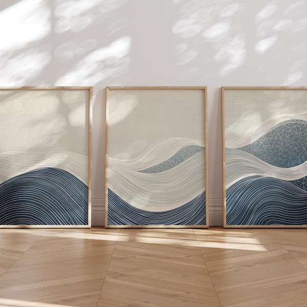 Abstract Minimalist Line Art, Japandi Waves Wall Art Set of 3, Flowing Lines, Wabi Sabi White Blue Grey Wavy Print, Printable Scandi Decor