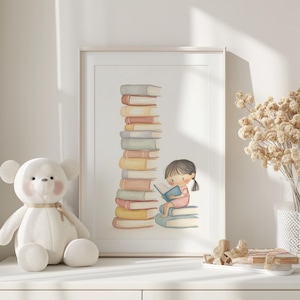 Girls Room Reading Wall Art, Pastel Reading Decor, Bookworm Print, Study Room Print, Playroom Printable Art, Read Book Decor, Reader Gift