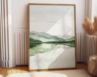 Green Mountain Lake Reflection Watercolor Print (Digital Download)