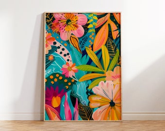 Maximalist Acrylic Flowers Wall Art, Colorful Print, Modern Vibrant Floral Wall Decor, Trendy Art, Printable Eclectic Art, Tropical Flowers