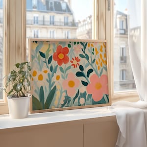 Art mural imprimable floral rétro, impression botanique colorée, décoration florale abstraite, impression moderne de fleurs sauvages printanières roses, art de fleurs aux couleurs vives
