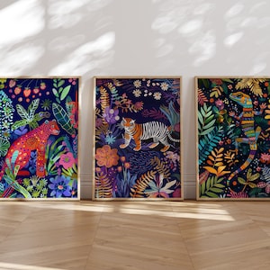 Jungle Animals Vibrant Wall Art Set of 3, Abstract Maximalist Print, Colorful Wall Art, Tiger Jaguar Lizard Eclectic Decor, Kids Room Art