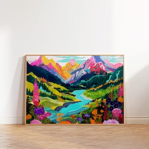 Vibrant Landscape Wall Art, Maximalist Floral Print, Abstract Colorful Mountain Art, Acrylic Illustration Poster, Modern Scenery Digital Art