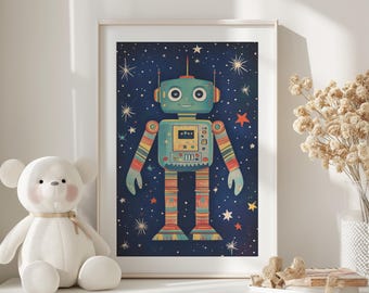 May include: A framed print featuring a vintage-style robot illustration. The robot is teal with colorful striped arms and legs, set against a dark blue starry background. The artwork is displayed in a white frame, suitable for children's room decor.