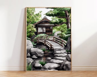 ジャパンディ（日本庭園）の日本家屋水彩画プリント（デジタル