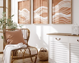 Japandi Terracotta Waves Print Set, Minimalist Line Art (Digital Download)