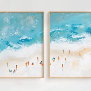 Zestaw 2 plakatów ściennych z motywem plaży nadmorskiej, letnie wydruki z motywem pływania, wystrój domu na plaży, plakaty z motywem małych ludzi w oceanie, minimalistyczny druk 2-częściowy