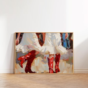 Peut inclure: Peinture de deux femmes portant des robes blanches et des bottes de cow-boy rouges. Les femmes dansent et leurs jupes flottent. La peinture est réalisée dans un style libre et impressionniste.