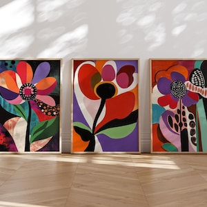 Bold Abstract Flowers Set of 3, Bright Eclectic Wall Art, Maximalist Decor, Vibrant Floral Art, Colorful Prints, Flower Market Printable Art