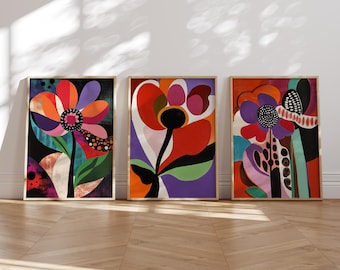 Abstract Floral Art Prints, Bold Flower Set of 3 (Digital Download)