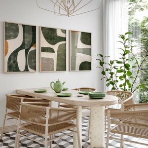 Moderne abstrakte druckbare Wandkunst 3er-Set, Mid-Century Minimalistisches Poster, zeitgenössische Boho abstrakte Kunst-Drucke, grün beige Schlafzimmerdekor