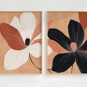 Oversized Black & Brown Flower Prints Set of 2, Moody Terracotta Floral Printable Art, Mid Century Decor, Abstract Organic Modern Poster Set