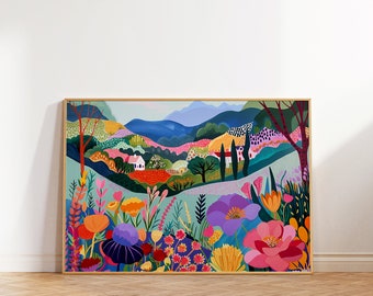 Colorful Floral Landscape Art Print, Summer Scenery (Digital Download)