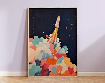 Retro Rocket Ship Print, Colorful Nursery Art (Digital Download)