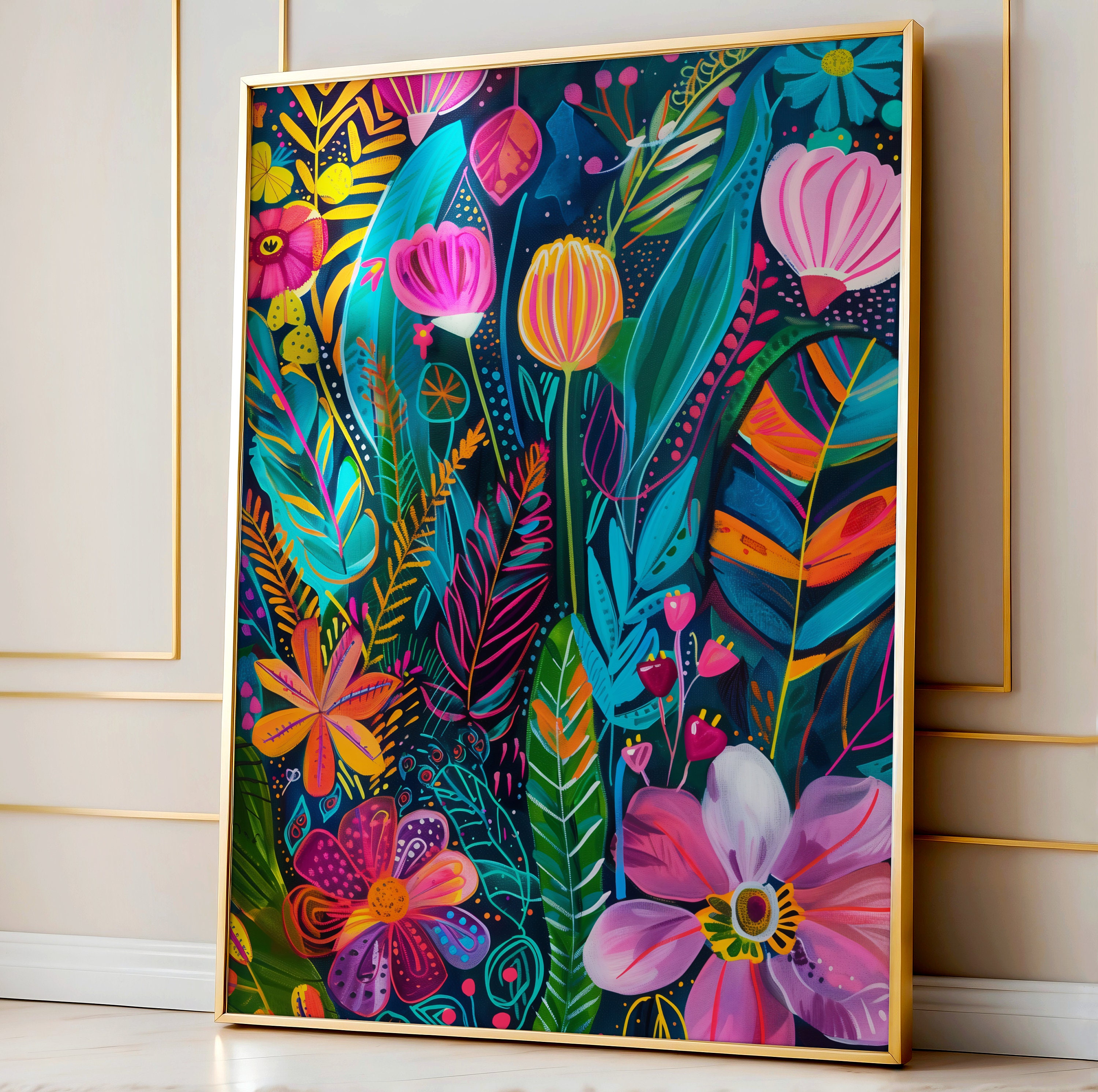 Colorful Acrylic Flowers Wall Art, Maximalist Print, Modern