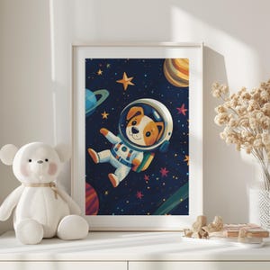 Dog Astronaut Kids Room Wall Art, Outer Space Printable Decor, Colorful Puppy Nursery Print, Animals Playroom Print, Toddler Bedroom Decor
