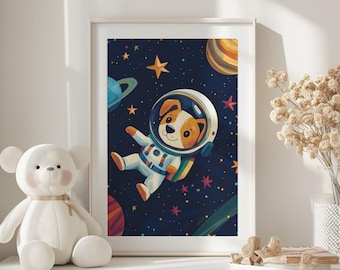 Stampa di un cane astronauta, decorazione per la cameretta dei bambini, cucciolo spaziale colorato (download digitale)