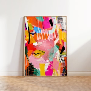 Arte de parede vibrante moderna, impressão digital abstrata colorida, pôster moderno abstrato maximalista, arte multicolorida, decoração abstrata de sala de estar