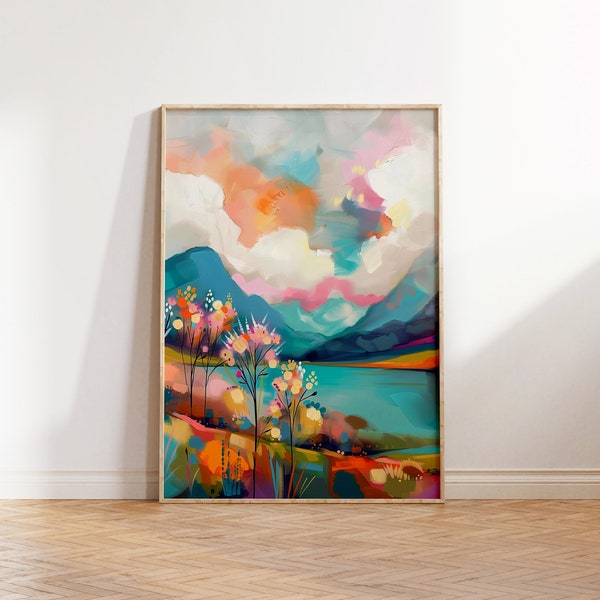 Colorful Landscape Wall Art, Soft Pastel Lake Print, Abstract Vibrant Mountain Art, Acrylic Illustration Poster, Sunset Scenery Digital Art