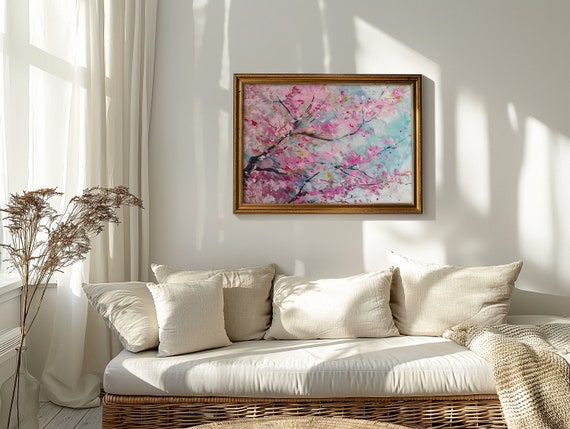 Cherry Blossom Impasto Painting, Pink Floral Scandi Wall Art