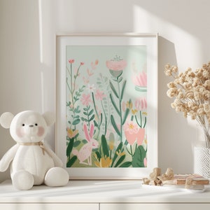 Blumen Kaninchen Aquarell Illustration, Kinderzimmer Wandkunst, Kinderzimmer Blumen Tier Kunstdruck, Kinderzimmer Poster, Schlafzimmer Wanddekoration