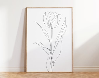 Impresión artística de tulipanes, dibujo floral minimalista (descarga digital)