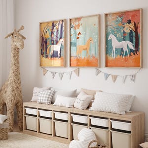 Horses Colorful Nursery Set of 3 Prints, Horse Kids Room Wall Art, Playroom Forest Horses Decor, Pony Wall Art, Baby Girl Pastel Wall Art