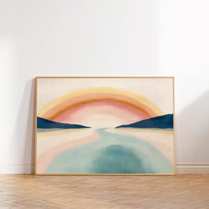 カラフルなパステルサンセットプリント、モダンな風景ウォールアート、ダスティブルーの鮮やかなサンシャイン装飾、トレンディな抽象的なパステルポスター、日の出の風景アート