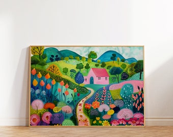 Colorful Flower Garden Landscape Art Print, Bright Summer Illustration (Digital Download)