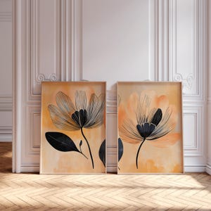 Oversized Black & Gold Flower Prints Set of 2, Moody Terracotta Floral Printable Art, Mid Century Decor, Abstract Organic Modern Poster Set