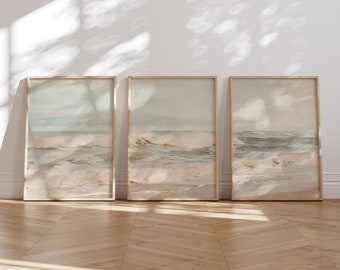 Classic Coastal Art Painting 3 Set, Ocean Landscape, Neutral Beach Print, Classic Beach Painting, Beach House Wall Art, Coastal Wall Poster