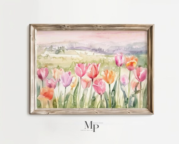 チューリップ畑の水彩画：春の花柄（デジタルダウンロード） - Etsy 日本