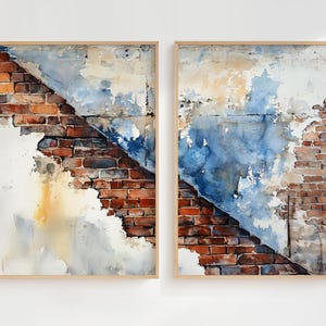 May include: A pair of framed watercolor paintings depicting a weathered brick wall with peeling paint and blue and brown tones.
