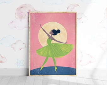 Ballerina Moonlight Nursery Print, Pink Ballet Dancer (Digital Download)