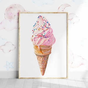 Eis-Kinderzimmer-Wandkunst, Kinder rosa Softeis-Druck, süßes Kinderzimmerdekor, Spielzimmer druckbares Poster, Streusel, lustiges Essen Kinderzimmer Kunst