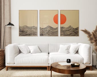 Könnte beinhalten: Drei abstrakte Kunstdrucke mit minimalistischem Design. Die Drucke zeigen einen beigefarbenen Hintergrund mit schwarzen Wellenlinien und einen einzigen roten Kreis im mittleren Druck.