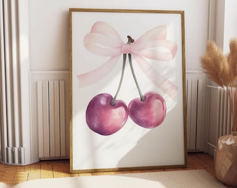 Cherry Print, Preppy Purple Pink Fruit Wall Art (Digital Download)