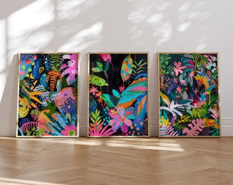 Abstracte levendige muurkunst set van 3, maximalistische muurkunst, digitale, kleurrijke muurkunst, trendy kunst, afdrukbare eclectische print, digitale download